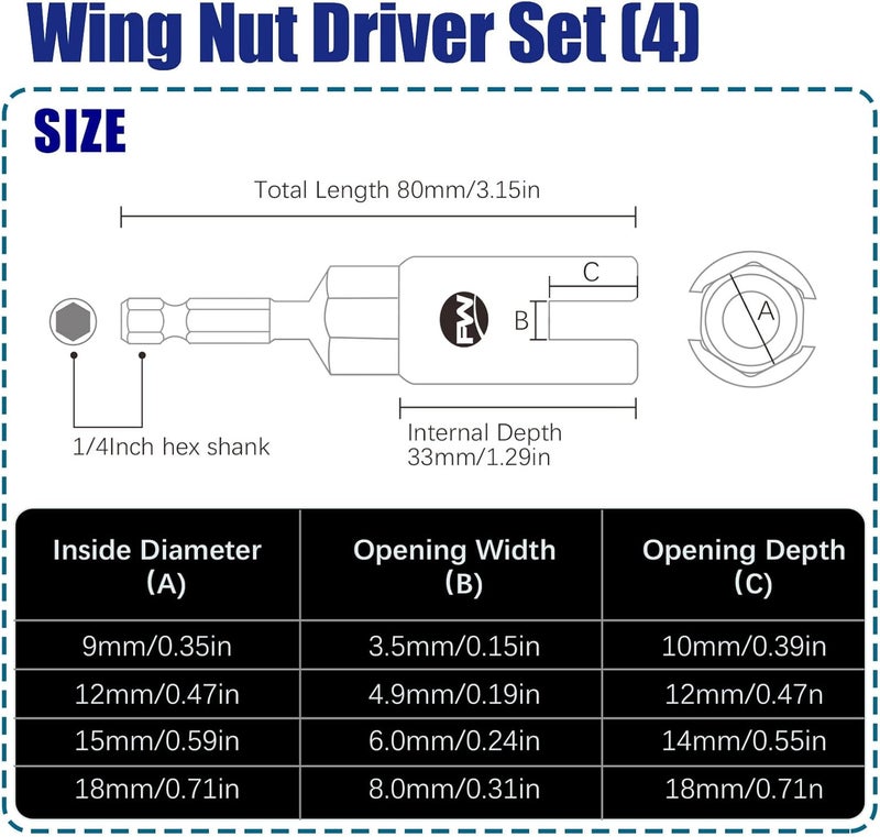 Facoow Wing Nut Driver Set -4 Pcs Power Wing Nut Socket Bit for Wing Nut, Eye Bolt, Screw Hook, Wire Twisting, Durable CR-V Steel, Color-coded 9mm, 12mm, 15mm, 18mm Sizes for Easy Selection - Image 3